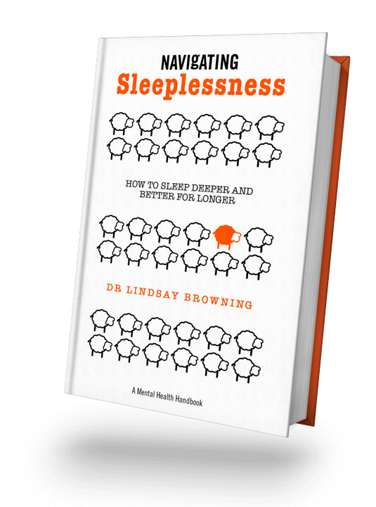 Navigating Sleeplessness. Image of many white sheep with one orange sheep. By Dr Lindsay Browning