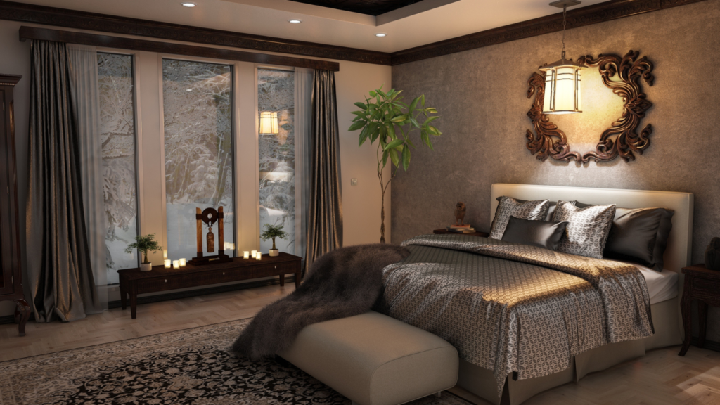 A bedroom with dimmed lighting and candles