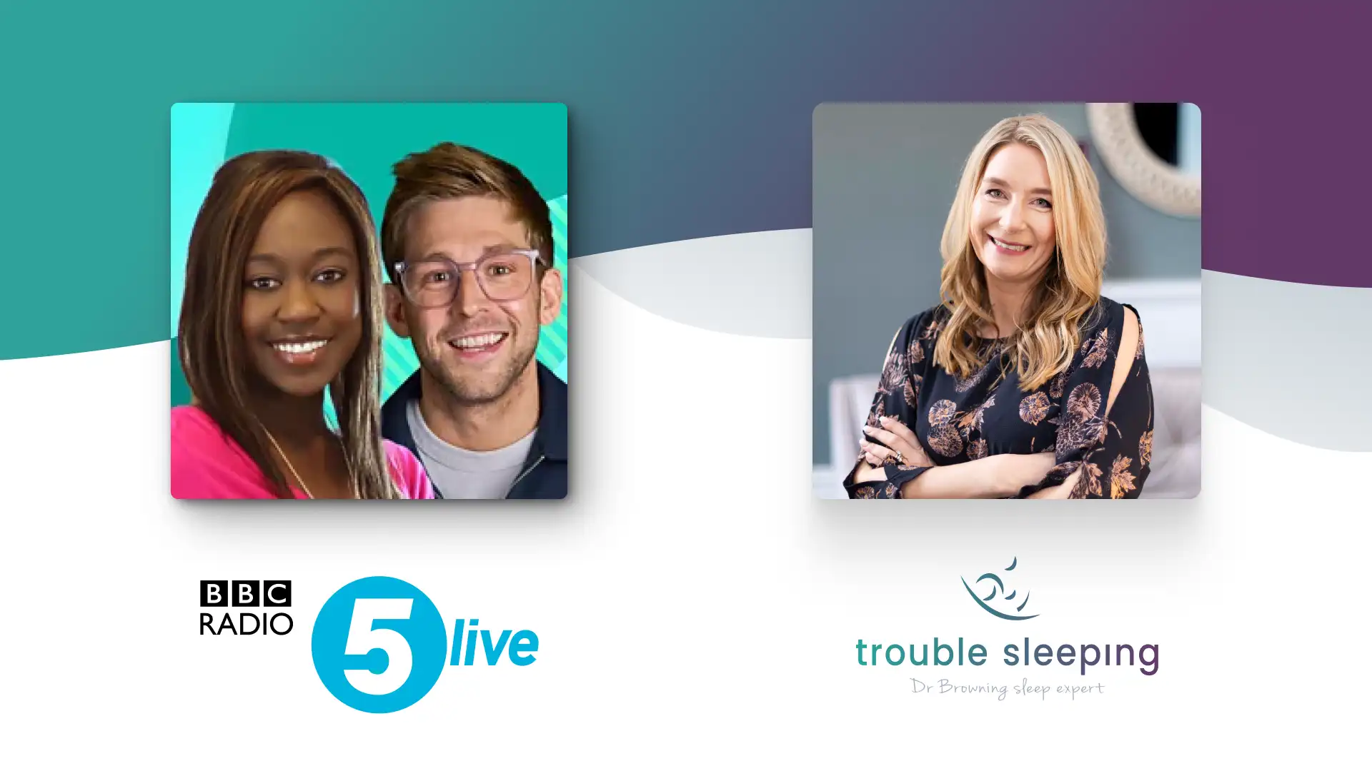 A promotional graphic for BBC Radio 5 Live featuring Dr Lindsay Browning, a sleep expert from Trouble Sleeping, discussing the cognitive shuffling technique for better sleep.